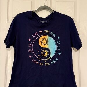 Rebellious One Navy Tee with Sun and Moon Graphic